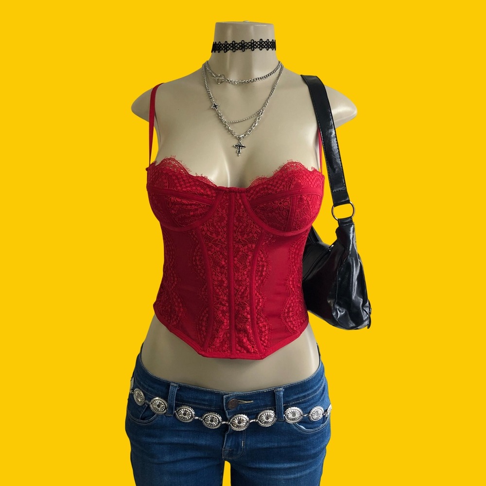 Out From Under Red Lace Corset Bustier Top Y2K Coquette Dark Romance Siren
